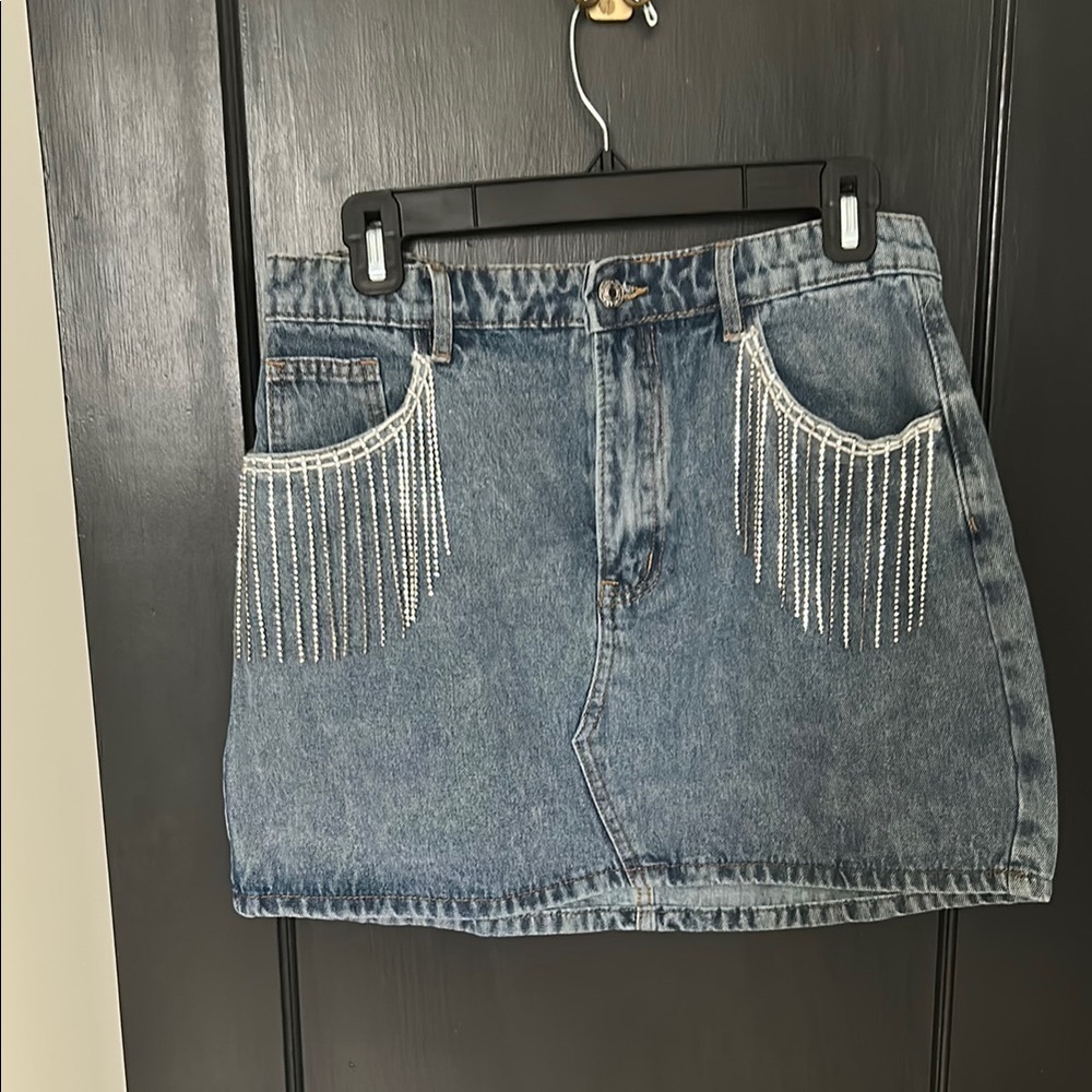 SHEIN Blue Silver Embellished Mini Skirt Night Out